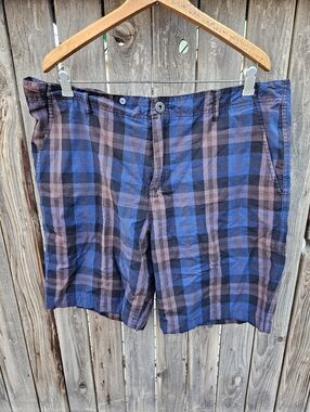 Plaid Cotton Men’s Shorts - Blue and Brown Size 38
